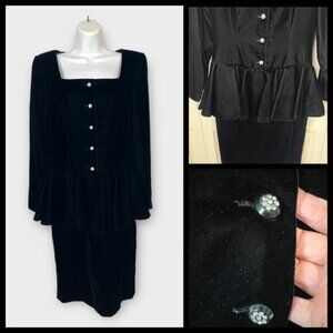 Vintage A J Bari Black Velvet Long Sleeve Peplum Rhinestone Evening Dress Size 6